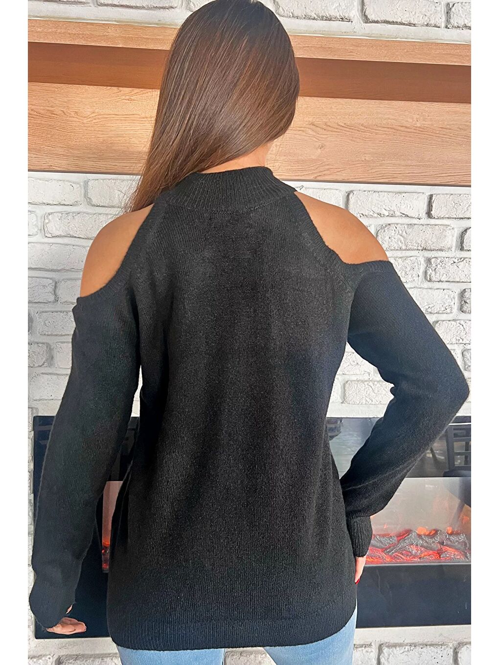 Siyah Kadın Ön Zincir Detaylı Omuz Dekolteli Triko Bluz (s-m-l Beden Uyumludur)-6