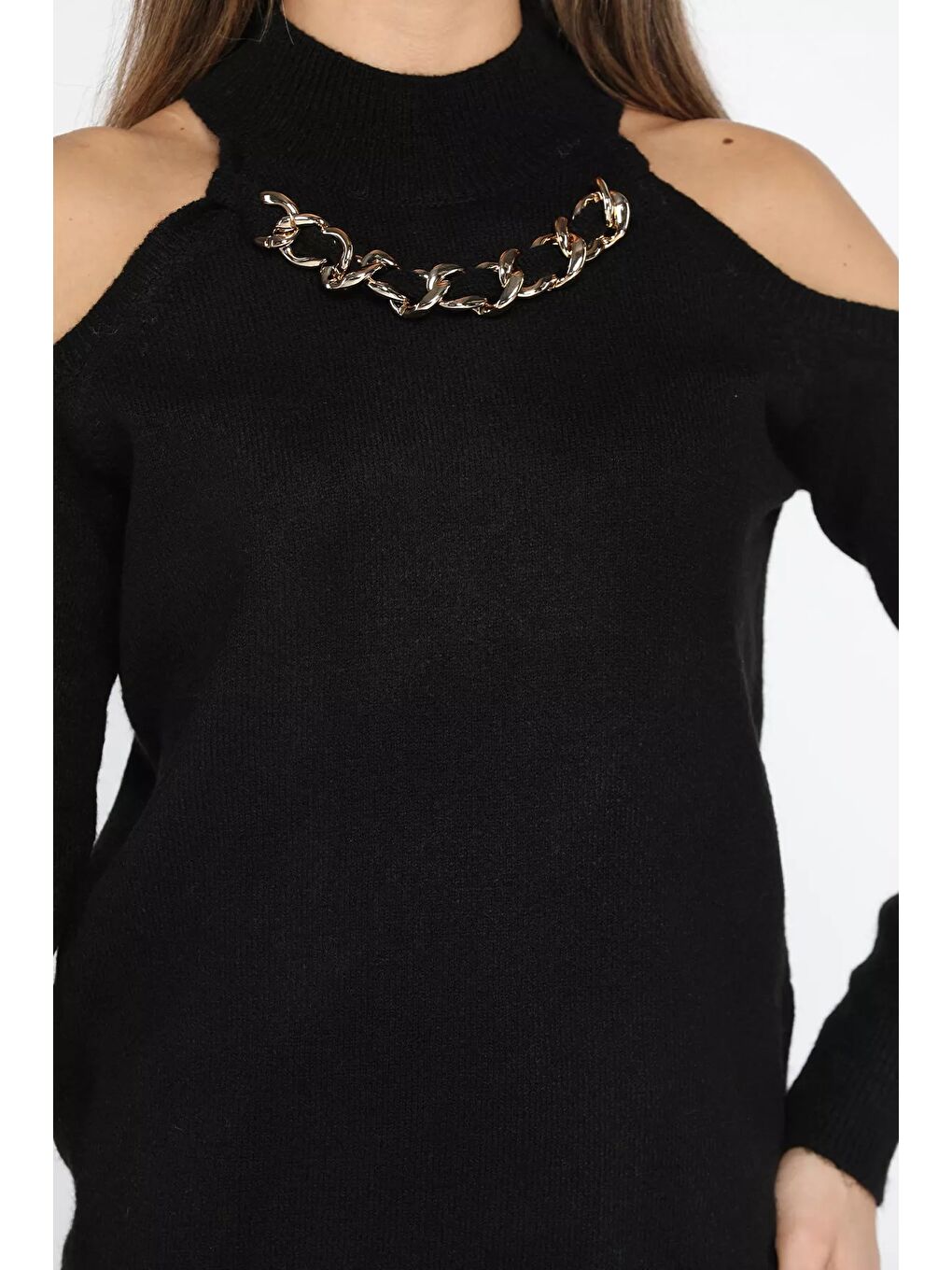 Siyah Kadın Ön Zincir Detaylı Omuz Dekolteli Triko Bluz (s-m-l Beden Uyumludur)-7