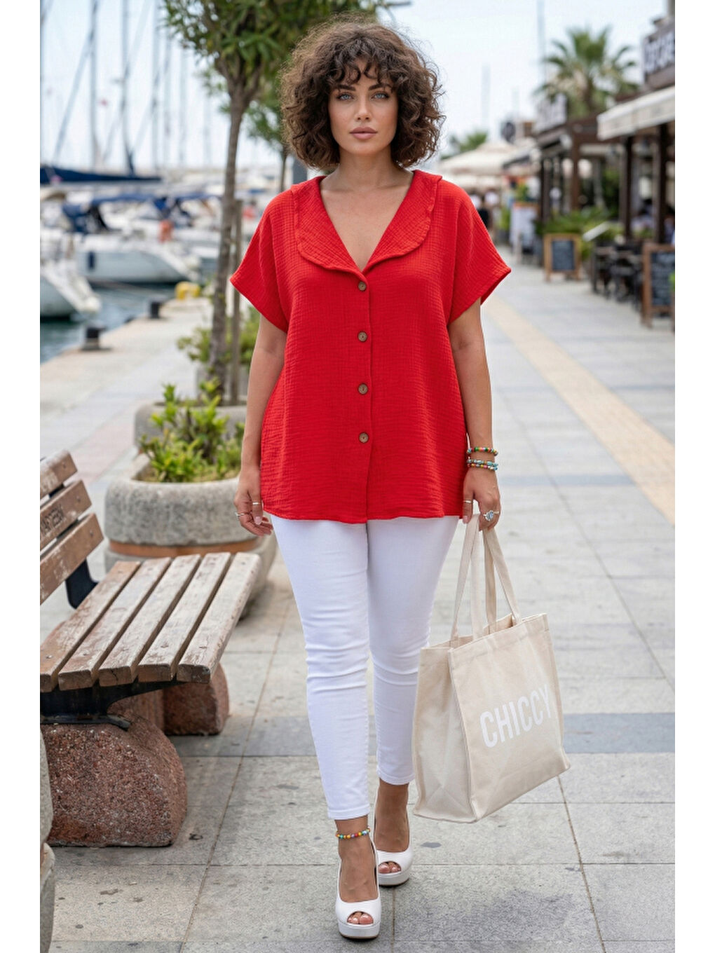 Kırmızı Bebe Yaka Düşük Kol Düğmeli Casual Müslin Oversize Dokuma Bluz 70 65-3