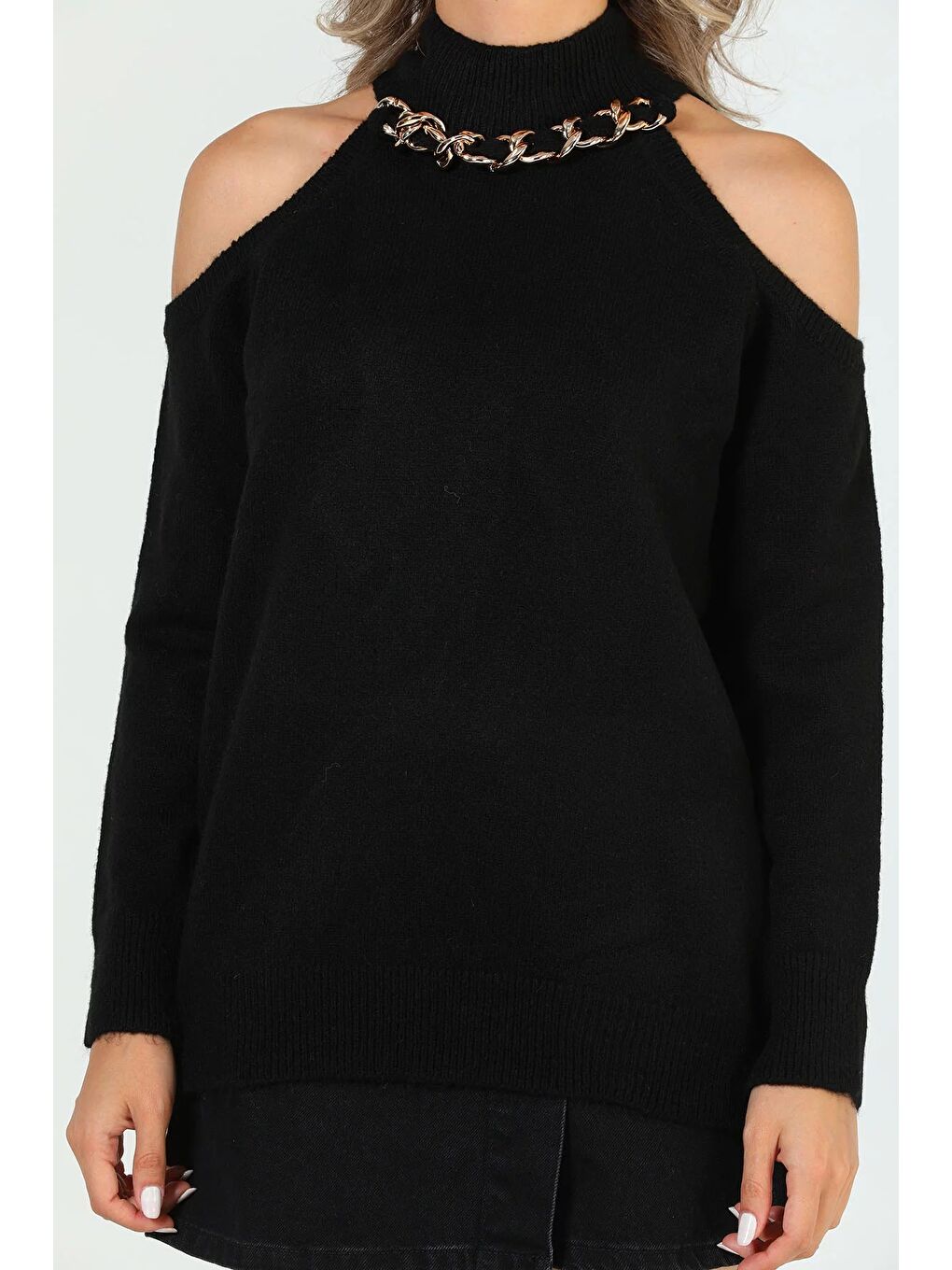 Siyah Kadın Ön Zincir Detaylı Omuz Dekolteli Triko Bluz (s-m-l Beden Uyumludur)-9