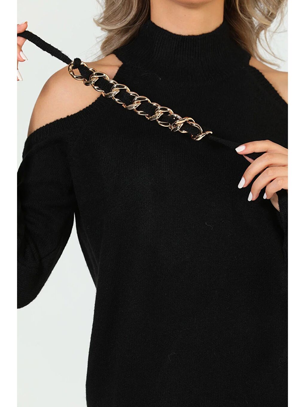 Siyah Kadın Ön Zincir Detaylı Omuz Dekolteli Triko Bluz (s-m-l Beden Uyumludur)-10