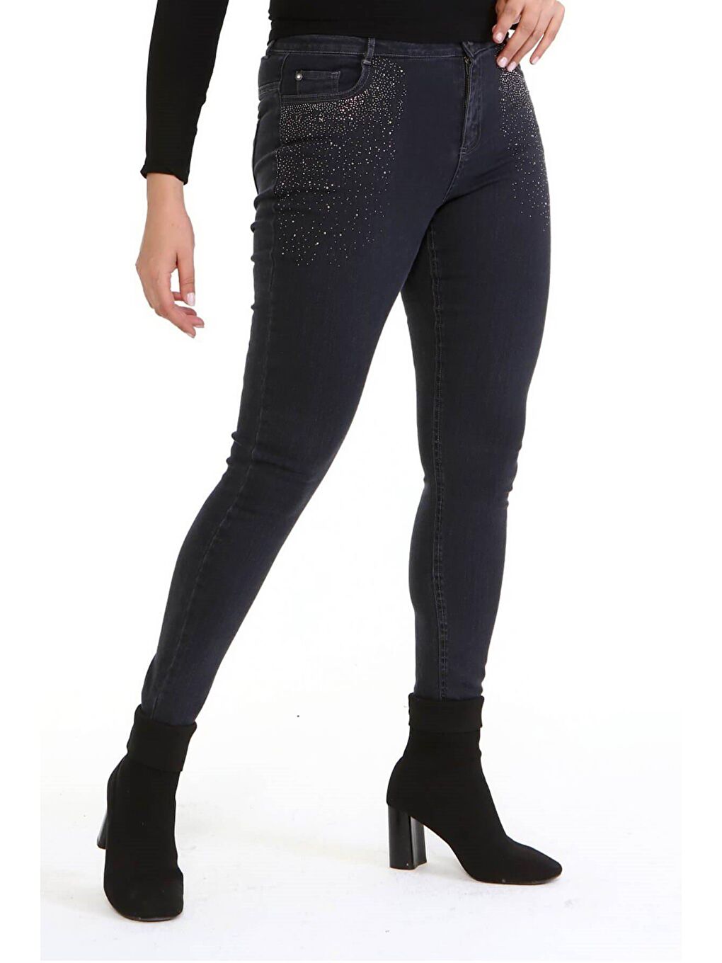 Mylinemoda Gri Ön Cep Taş Baskı Denim Pantolon - 3