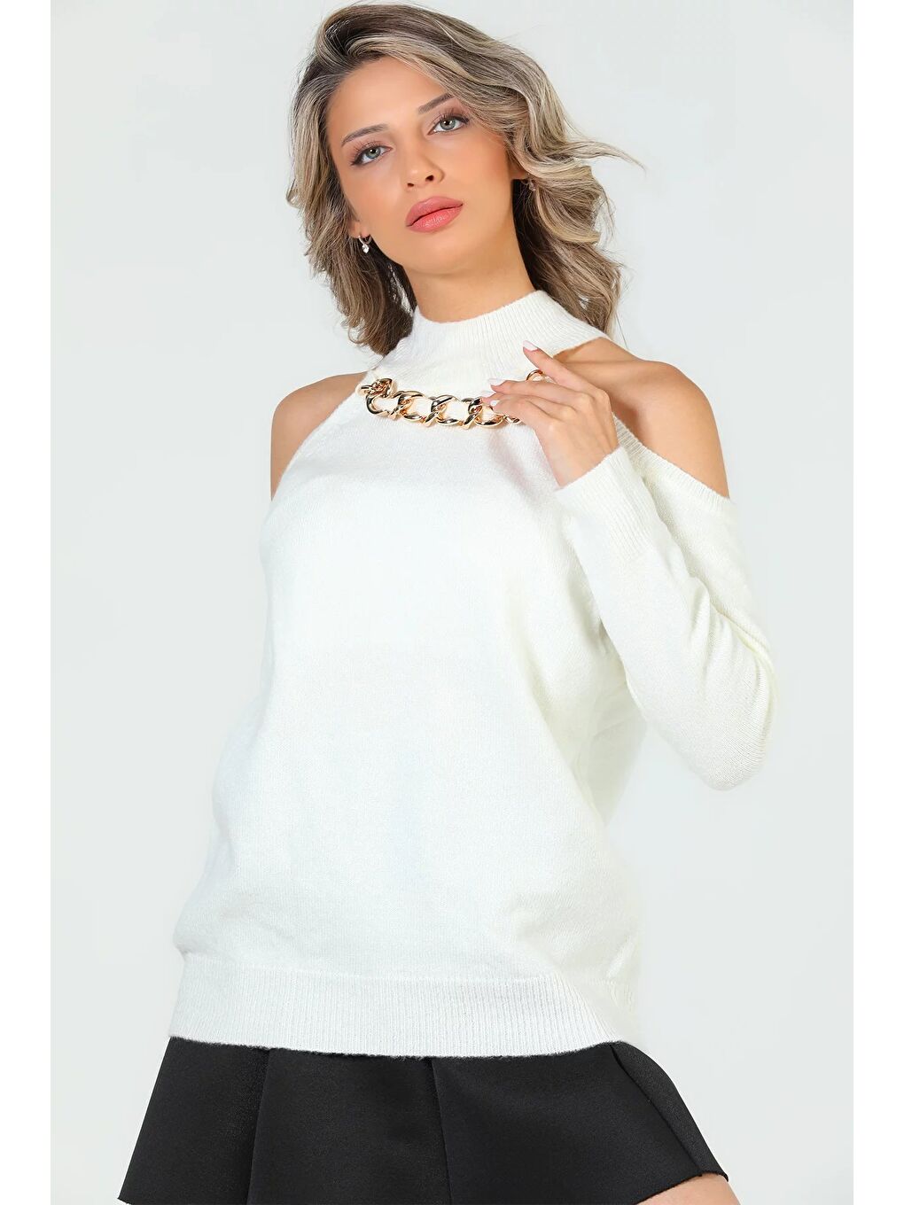 Ekru Kadın Ön Zincir Detaylı Omuz Dekolteli Triko Bluz (s-m-l Beden Uyumludur)-8