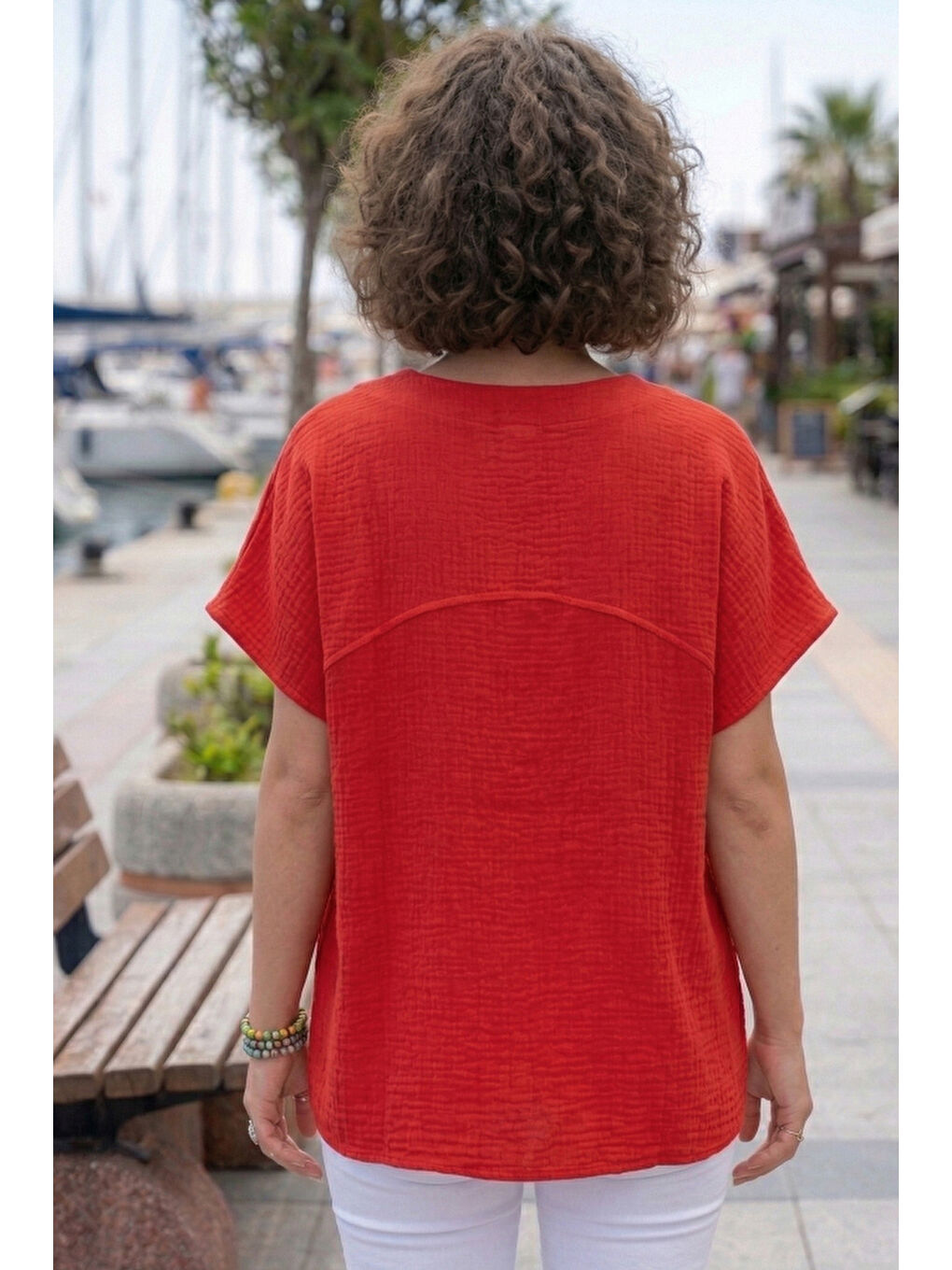 Kırmızı Bebe Yaka Düşük Kol Düğmeli Casual Müslin Oversize Dokuma Bluz 70 65-4