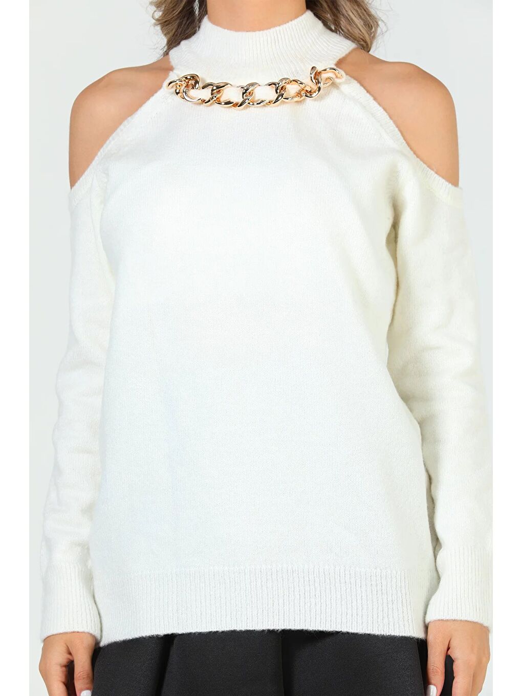Ekru Kadın Ön Zincir Detaylı Omuz Dekolteli Triko Bluz (s-m-l Beden Uyumludur)-9