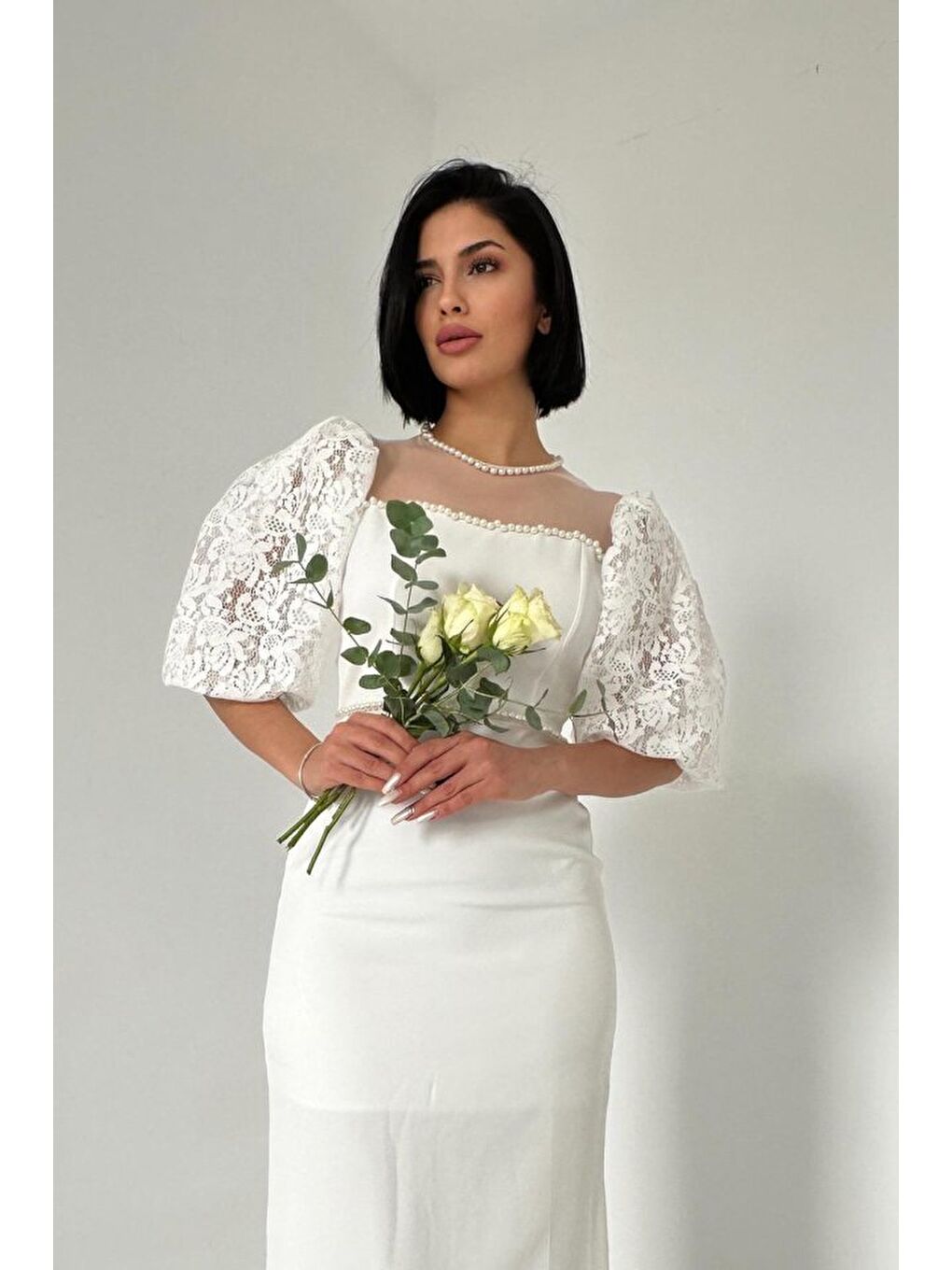 Ekru İncili Tül Detay Elbise-1