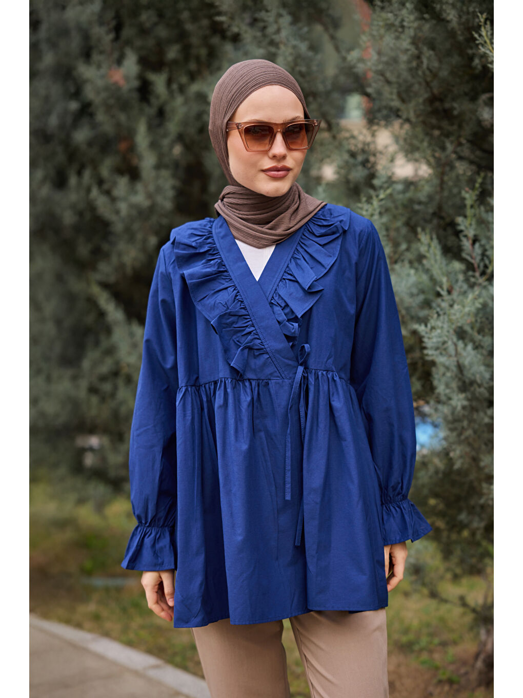 Kadın YAN BAGLAMALI FIRFIR DETAY TUNIK Lacivert