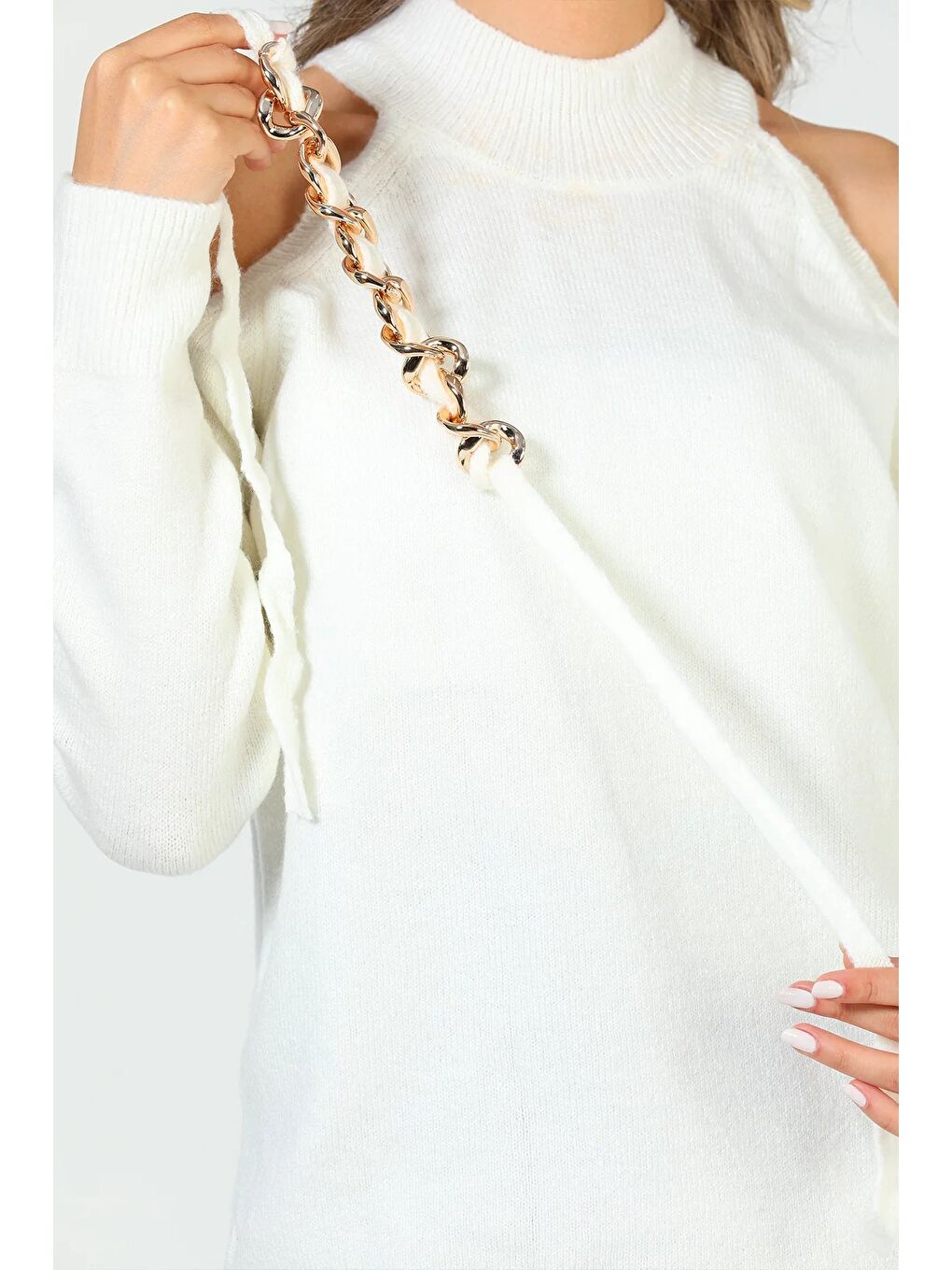 Ekru Kadın Ön Zincir Detaylı Omuz Dekolteli Triko Bluz (s-m-l Beden Uyumludur)-10