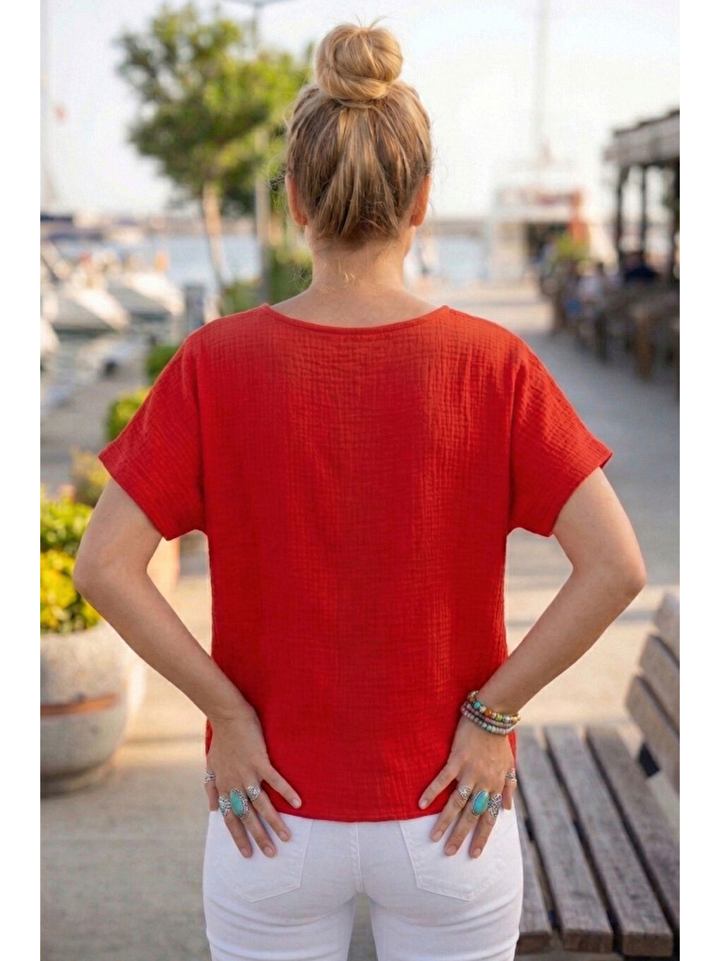 Kırmızı Bebe Yaka Düşük Kol Düğmeli Casual Müslin Oversize Dokuma Bluz 70 65-5