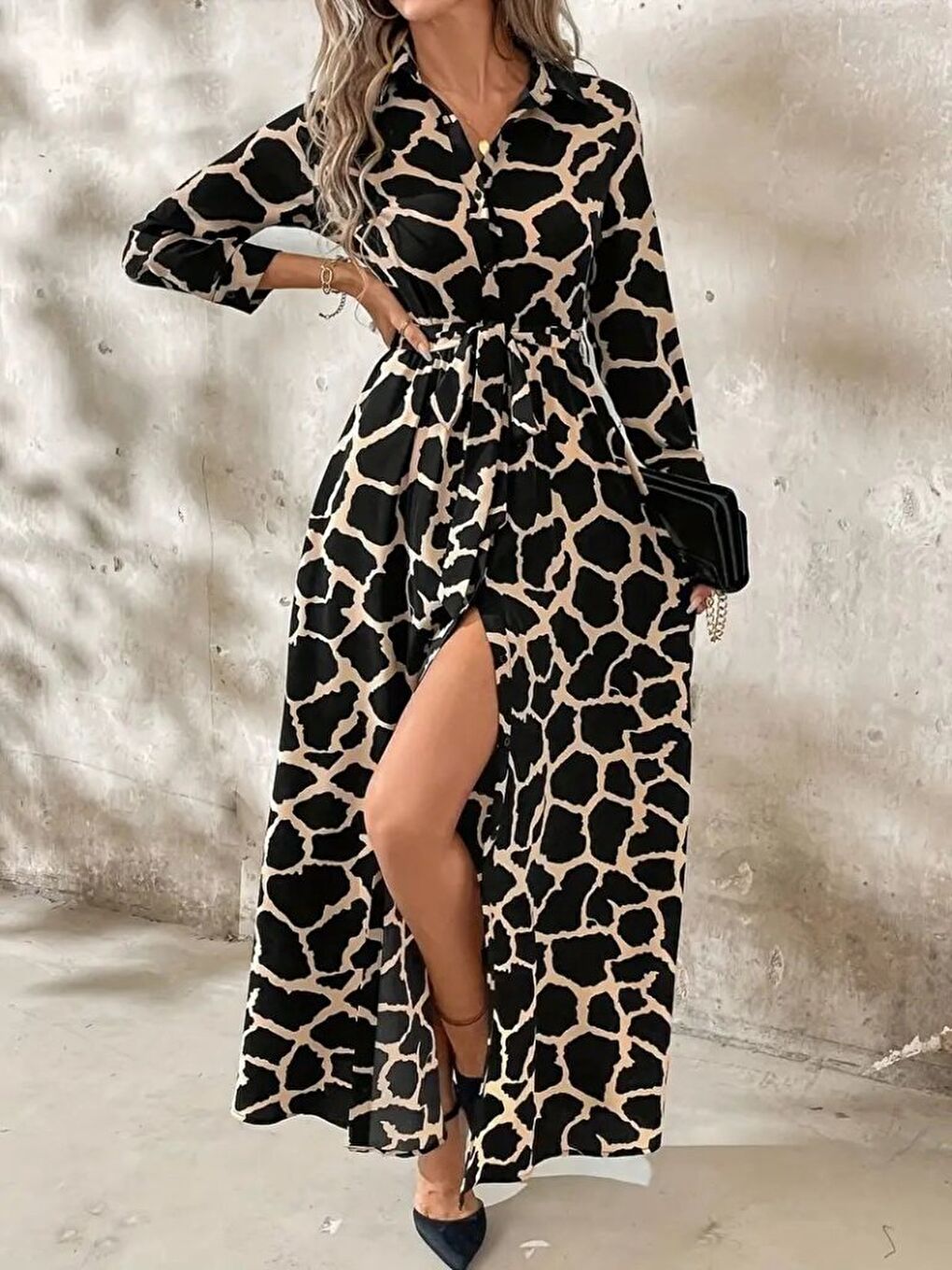 Siyah Kadın Uzun Kollu Yakalı önü Düğmeli Desenli Belden Kuşaklı Uzun Süprem Elbise-2