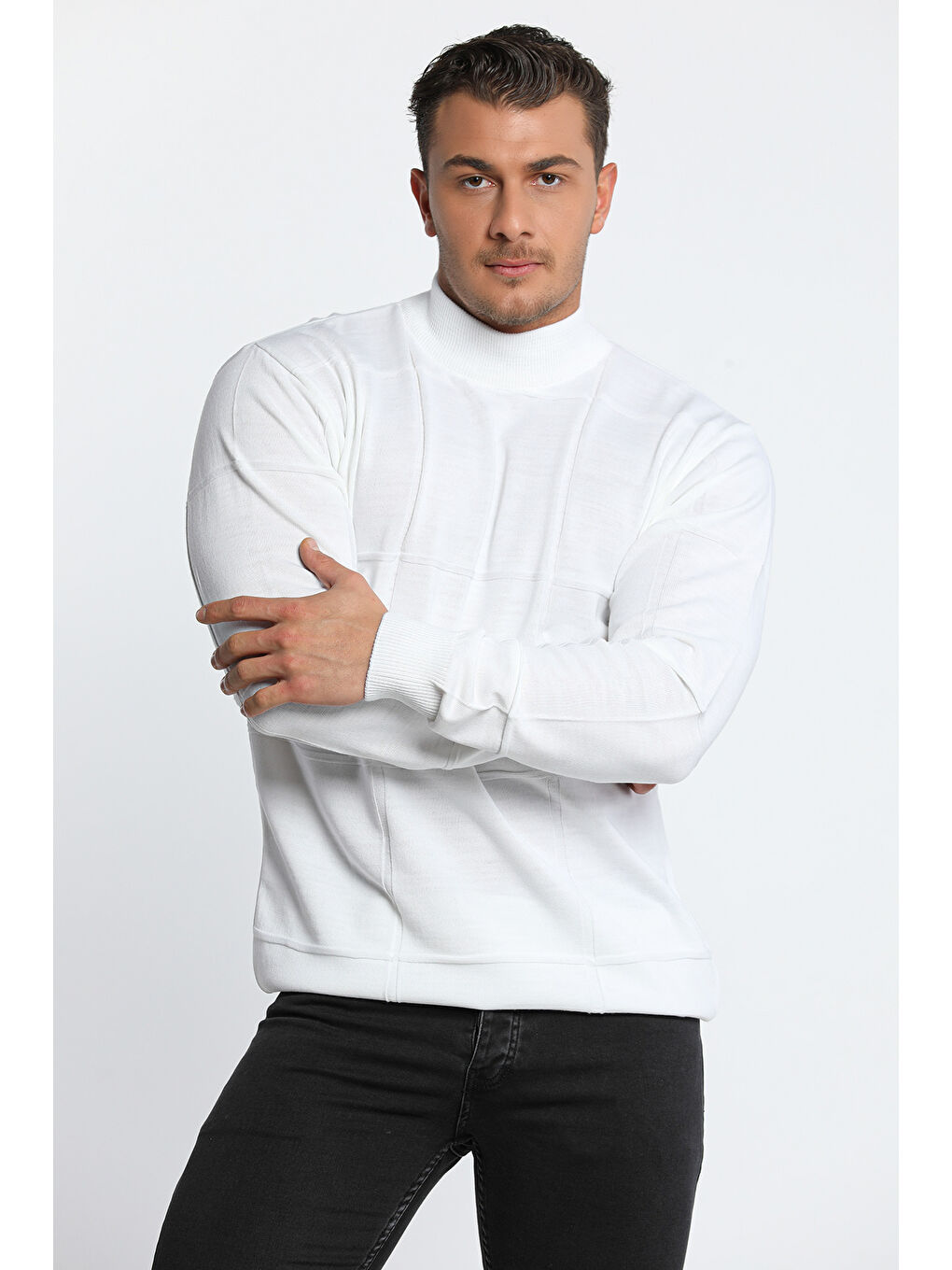 Beyaz Erkek Yarım Balıkçı Yaka Triko Kazak-2