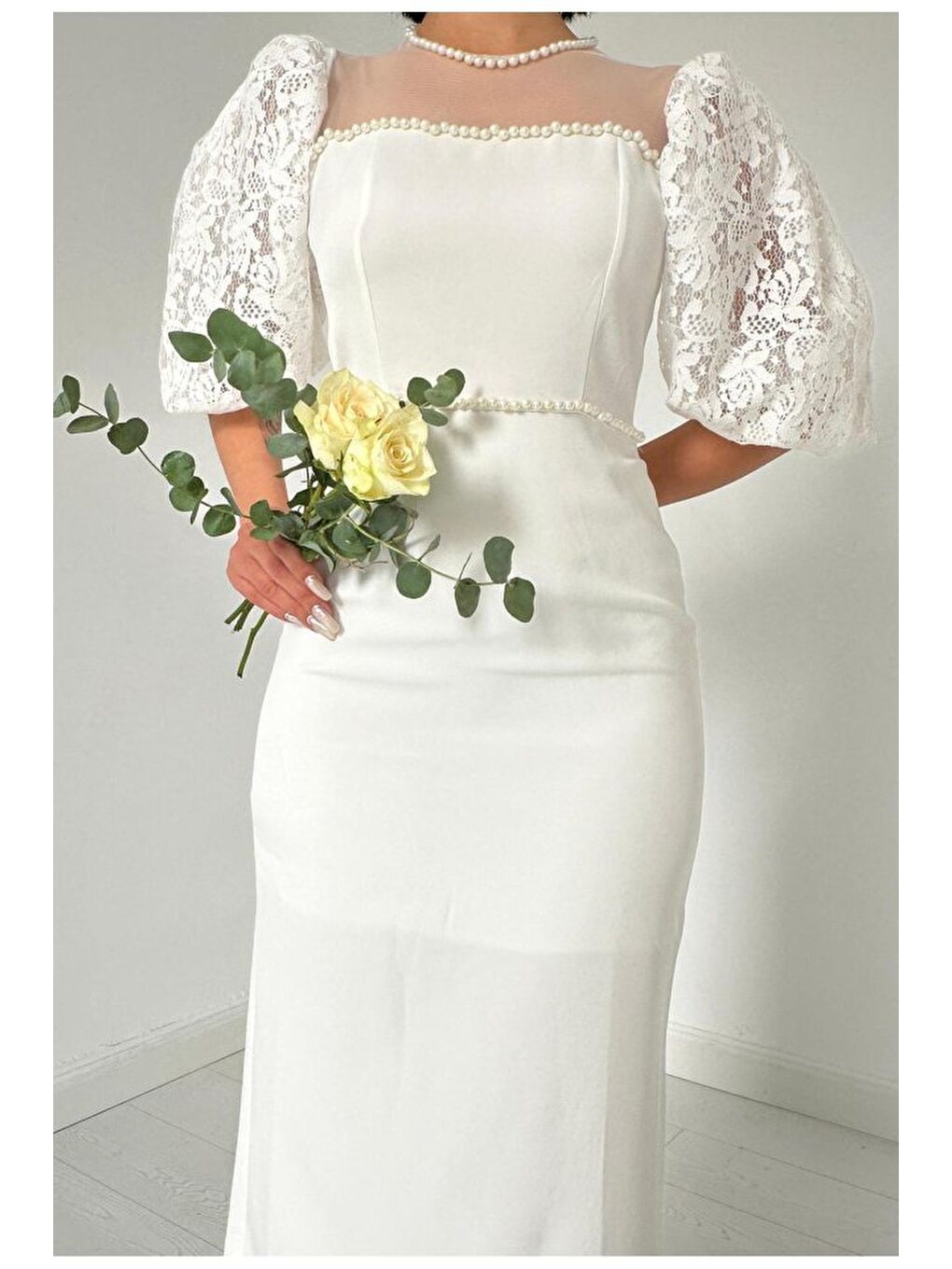 Ekru İncili Tül Detay Elbise-2