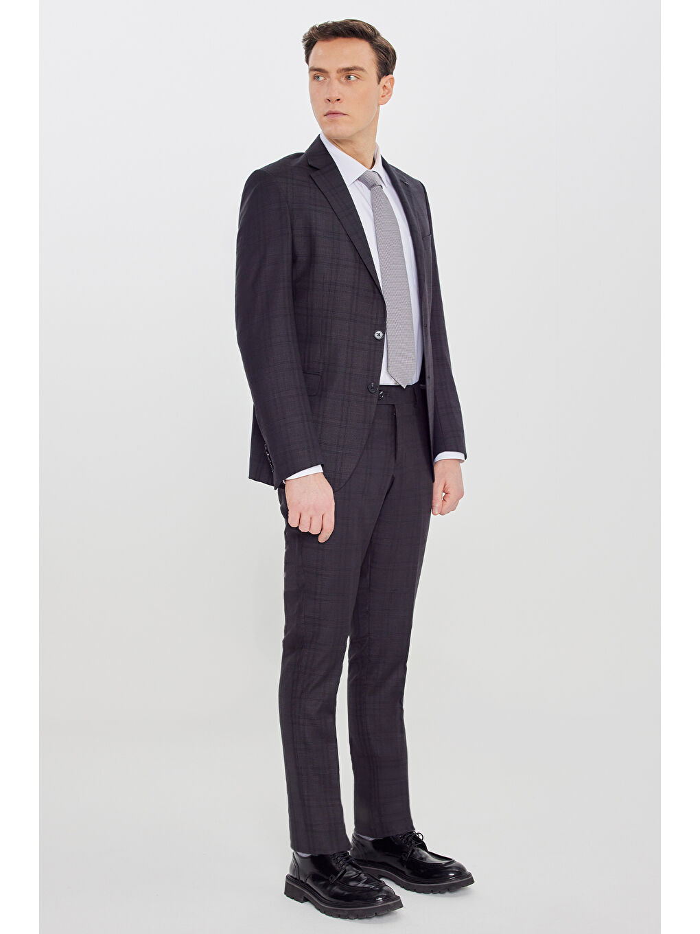 Erkek Antrasit Filafil Slim Fit Mono Yaka Kapak Cepli Takım Elbise