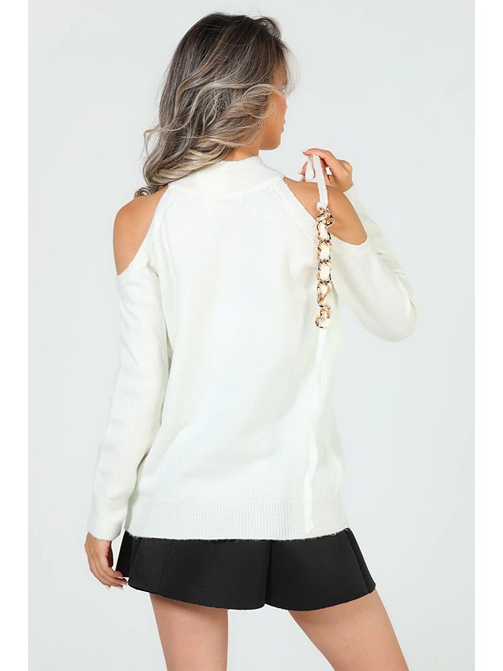 Ekru Kadın Ön Zincir Detaylı Omuz Dekolteli Triko Bluz (s-m-l Beden Uyumludur)-11