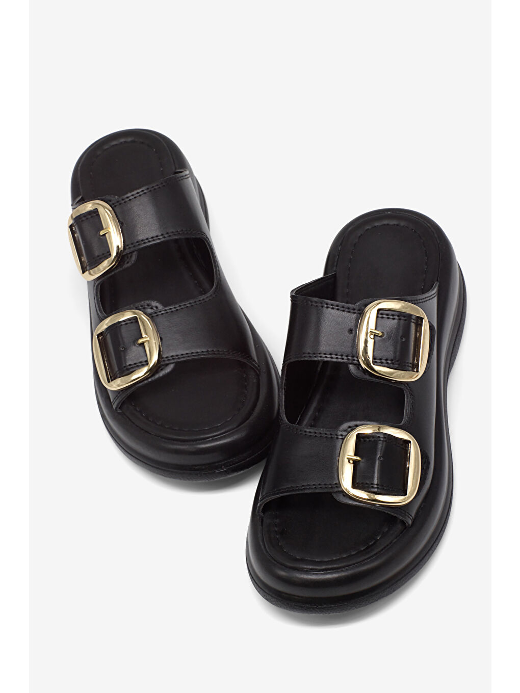 Kadın Siyah Yüksek Tabanlı Rahat Çift Tokalı Terlik