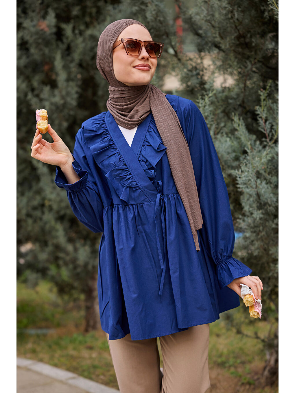 Kadın YAN BAGLAMALI FIRFIR DETAY TUNIK Lacivert-1