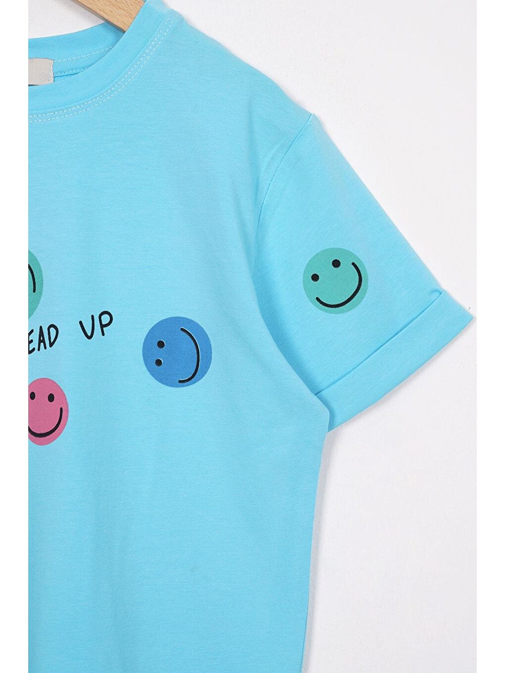 Smile Baskılı Turkuaz Renk Kız Çocuk Tshirt-1