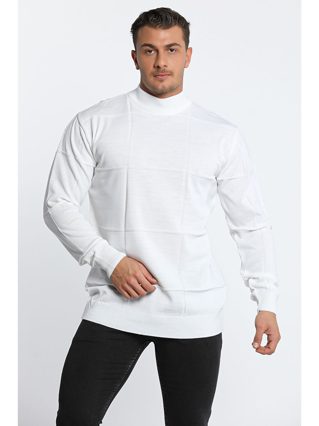 Beyaz Erkek Yarım Balıkçı Yaka Triko Kazak-3