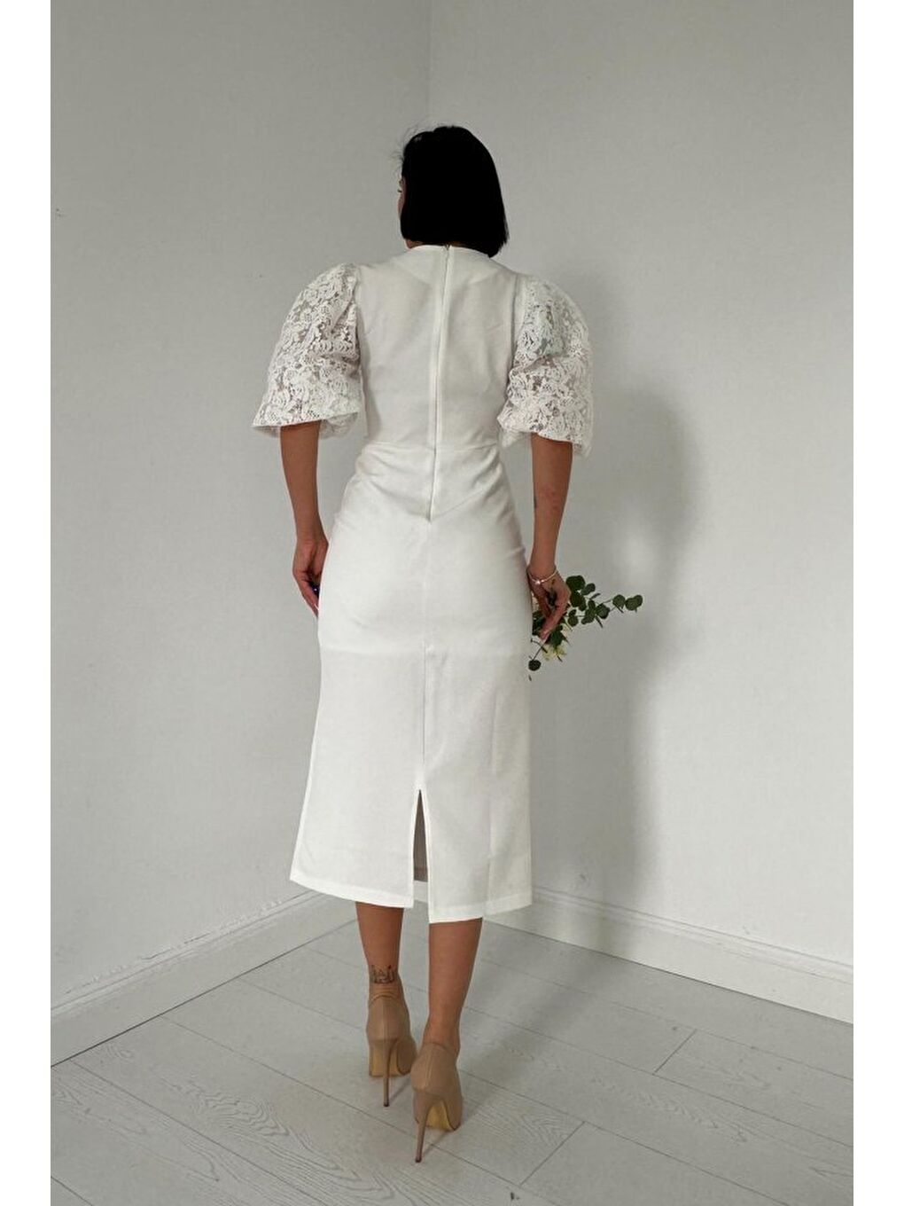 Ekru İncili Tül Detay Elbise-3