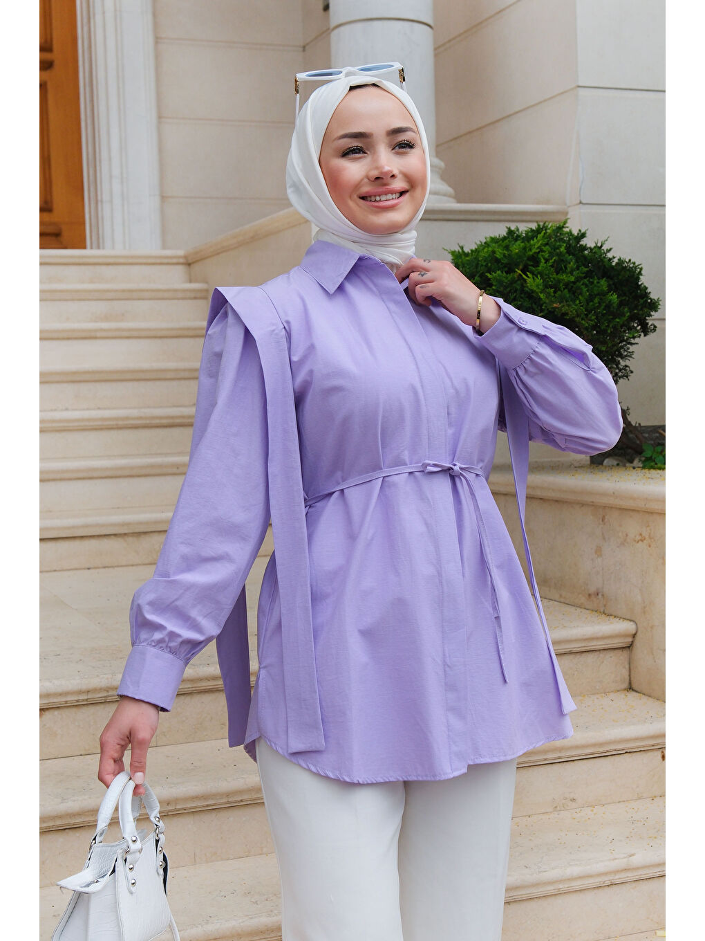 Kadın Pile Detay Önü Gizli Düğmeli Gömlek Lila-2