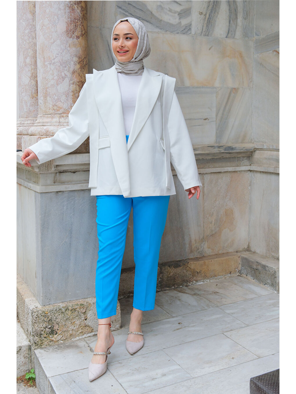 Kadın KEMER DETAY KUMAS PANTOLON Açık Mavi-2