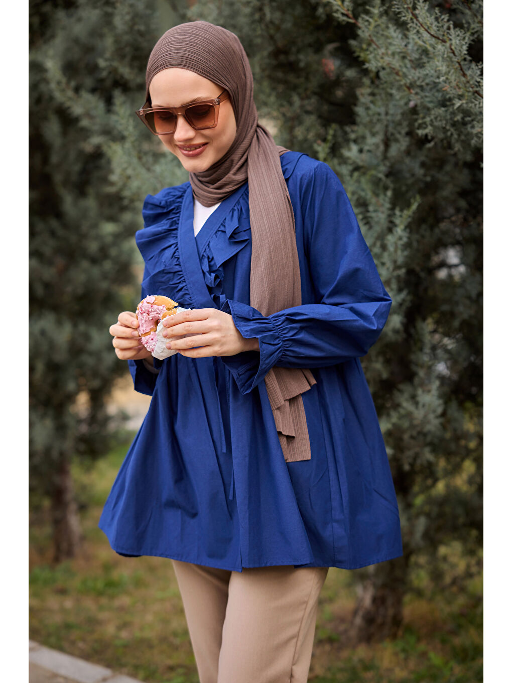 Kadın YAN BAGLAMALI FIRFIR DETAY TUNIK Lacivert-2