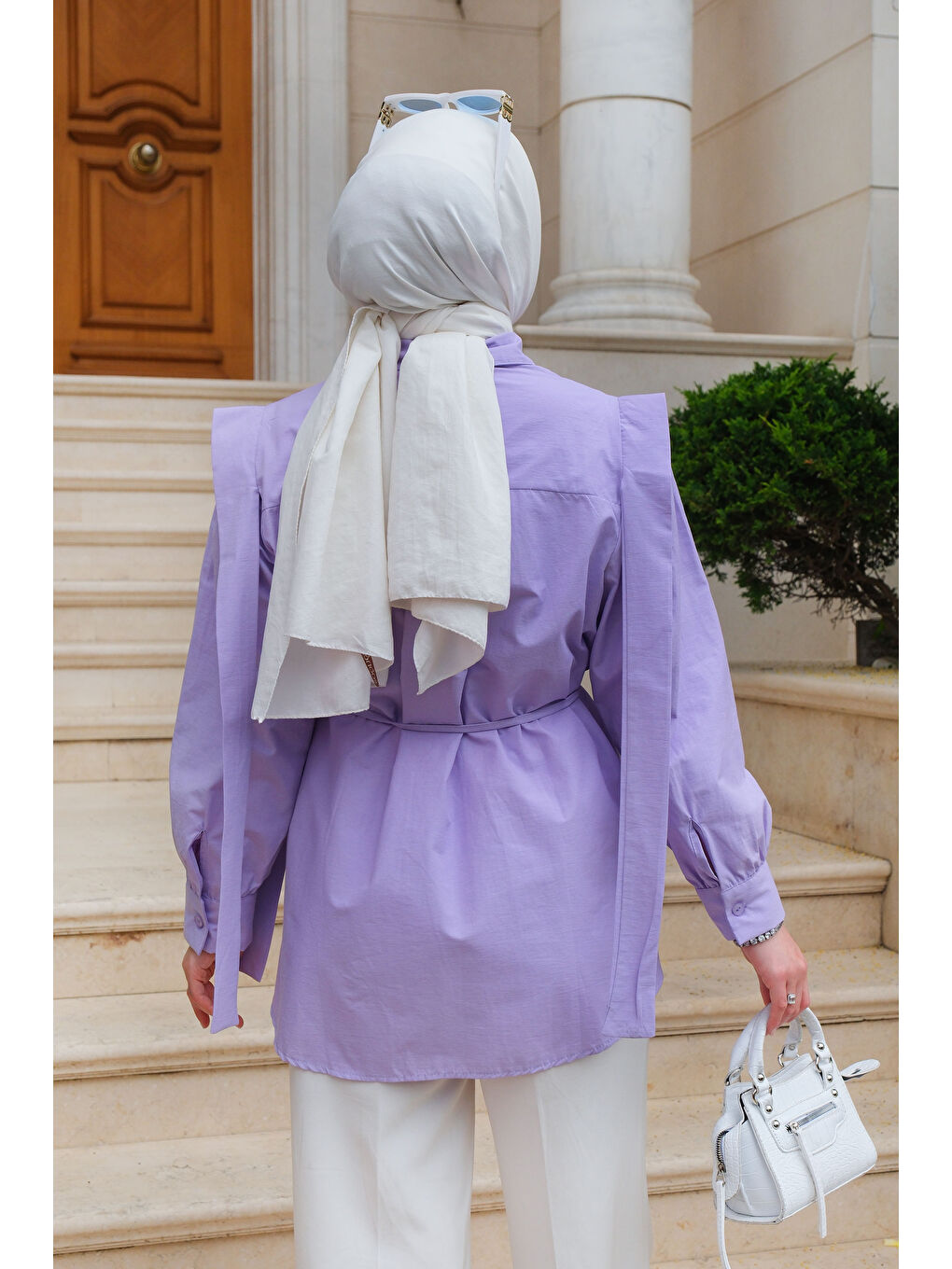 Kadın Pile Detay Önü Gizli Düğmeli Gömlek Lila-3