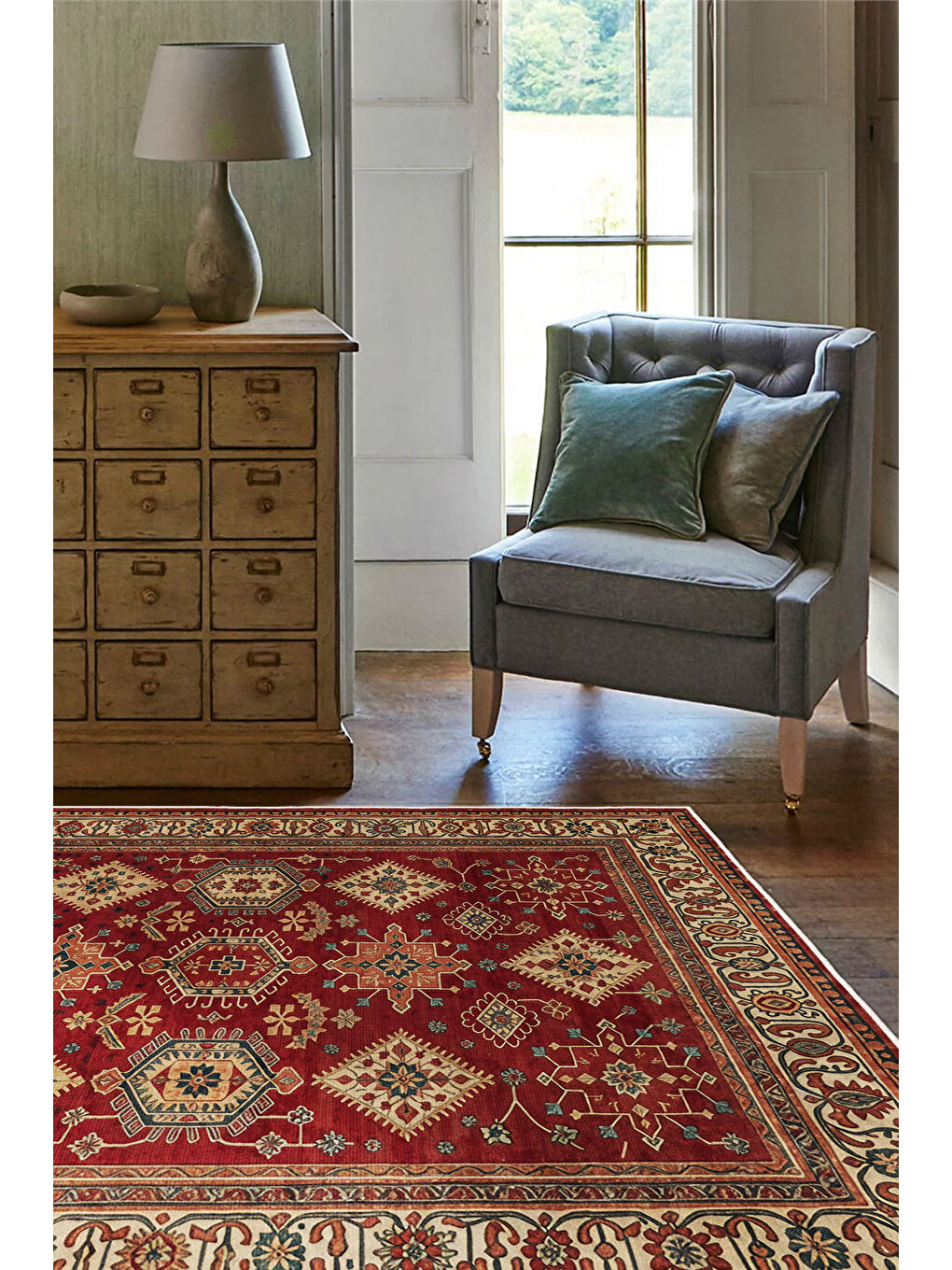 Kırmızı Dekoratif Özel Tasarım Yıkanabilir İnce Kaymaz Tabanlı Modern Halı KECE FR07-1