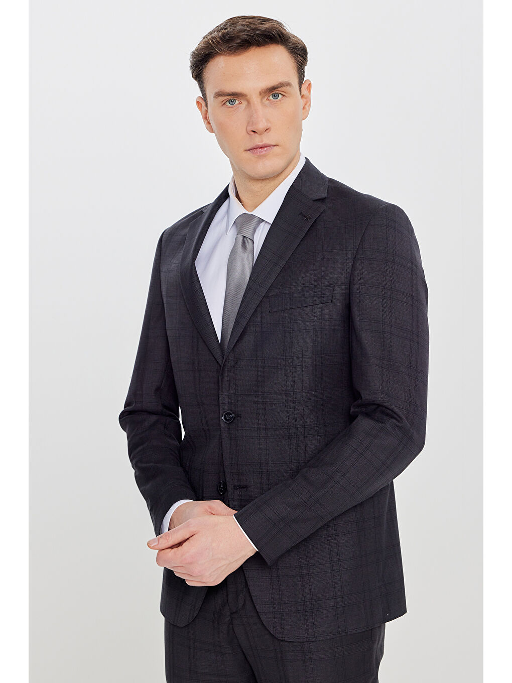 Erkek Antrasit Filafil Slim Fit Mono Yaka Kapak Cepli Takım Elbise-1