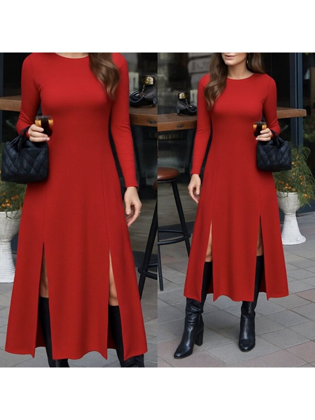 Kırmızı Kadın Uzun Kollu Hafif Kayık Yaka Sırt Dekolteli Yırtmaç Detaylı Viskon Tam Boy Elbise-2