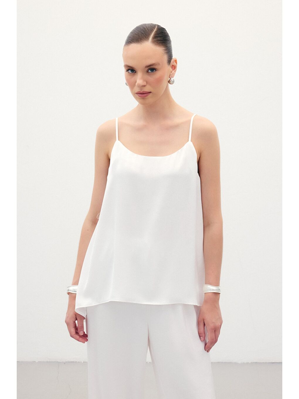 Askılı Saten Bluz - Ekru-2