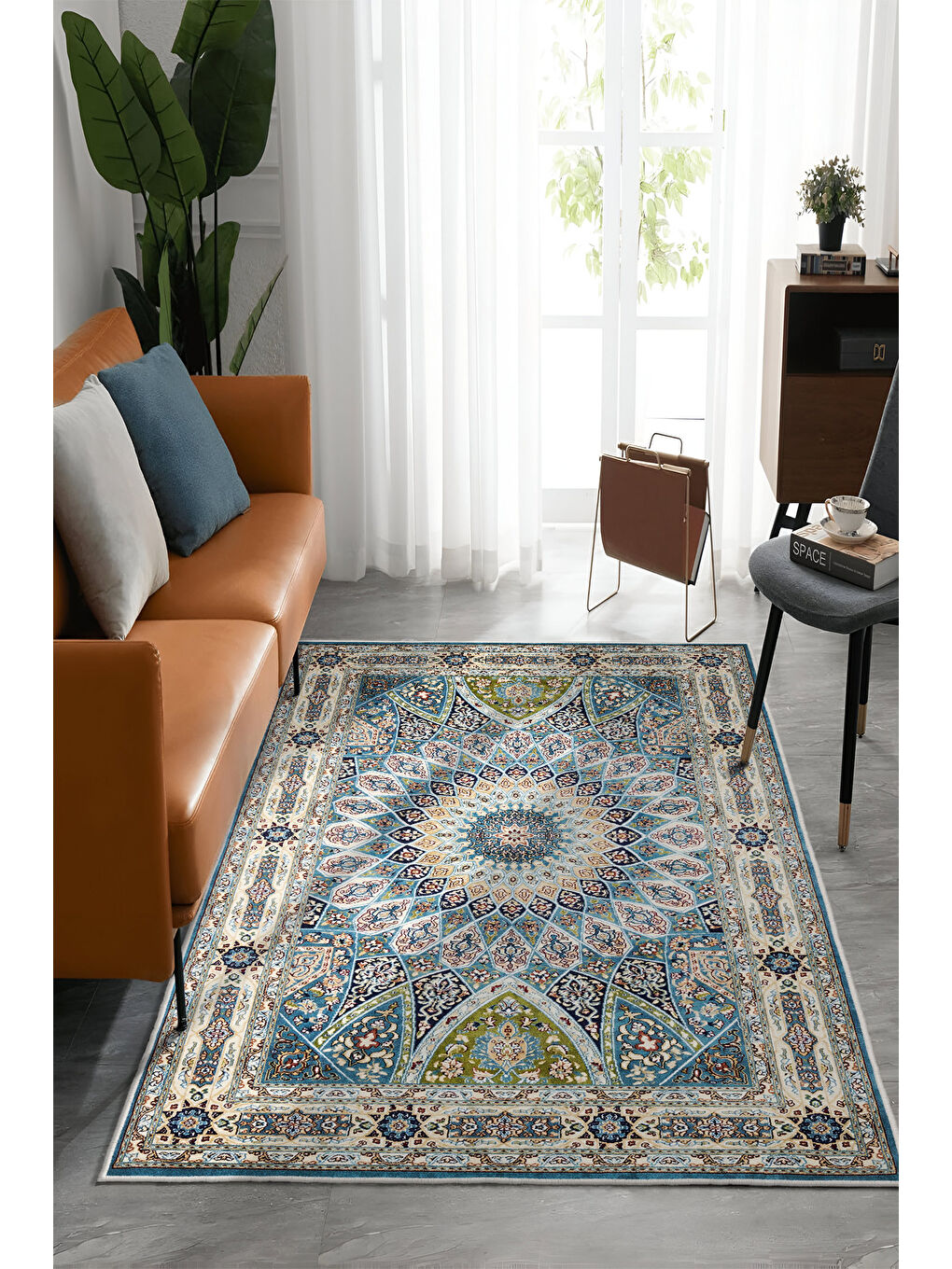 Mavi Dekoratif Özel Tasarım Yıkanabilir İnce Kaymaz Tabanlı Modern Halı KECE FR04-1