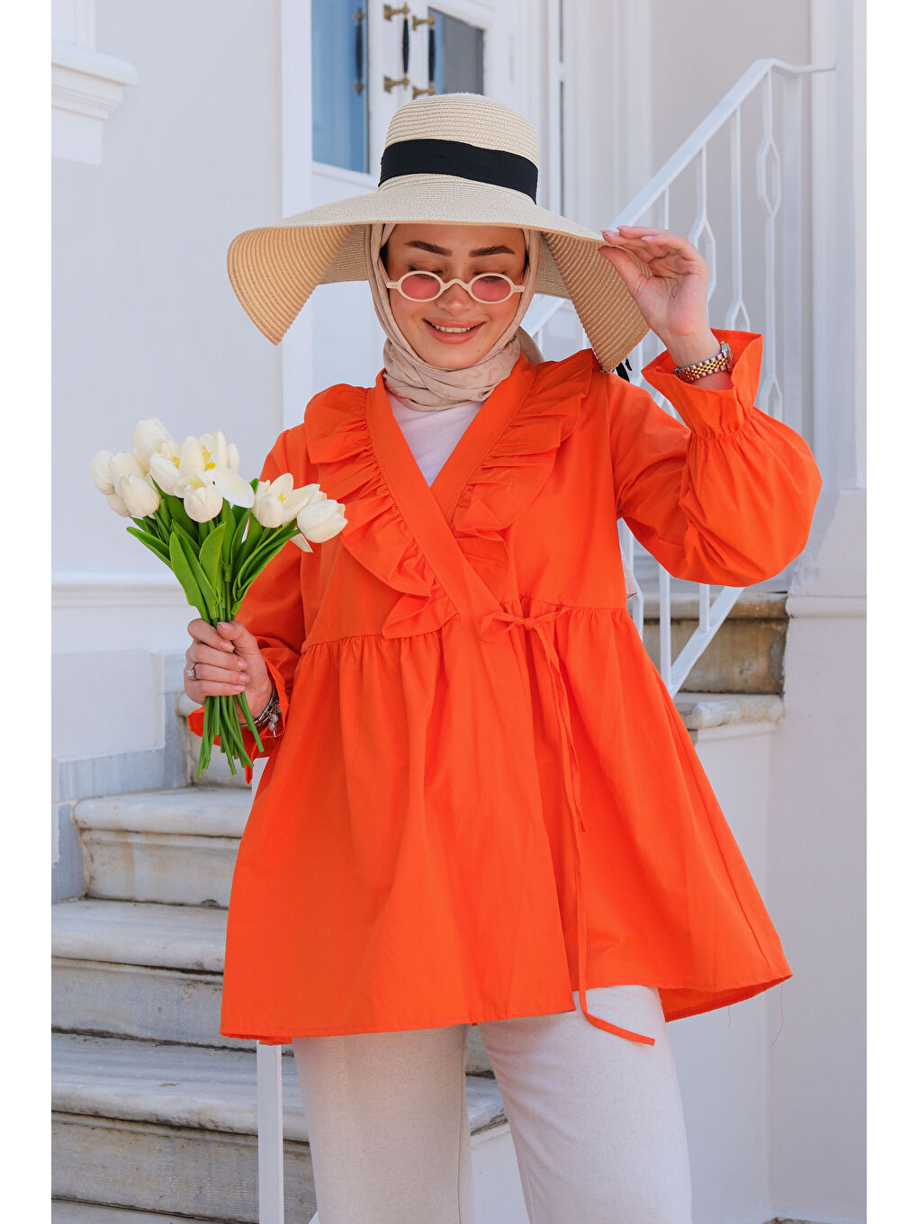 Turuncu Kadın YAN BAGLAMALI FIRFIR DETAY TUNIK TURUNCU