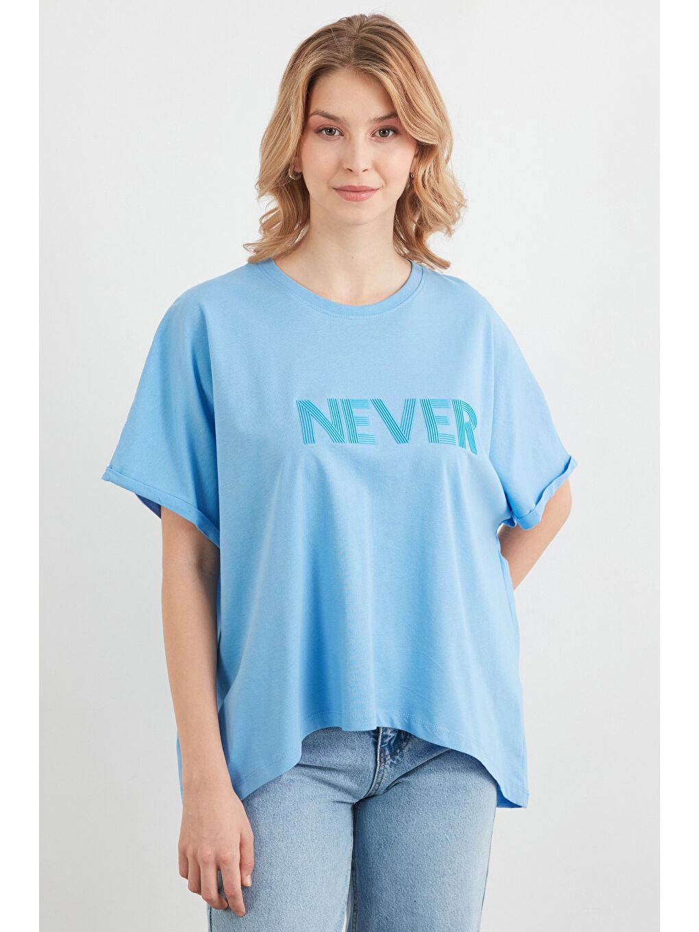 Mavi Never Yazı Kabartmalı Oversize Tişört