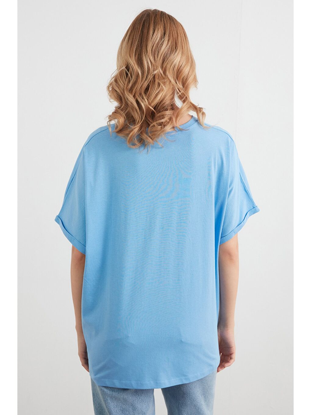 Mavi Never Yazı Kabartmalı Oversize Tişört-2