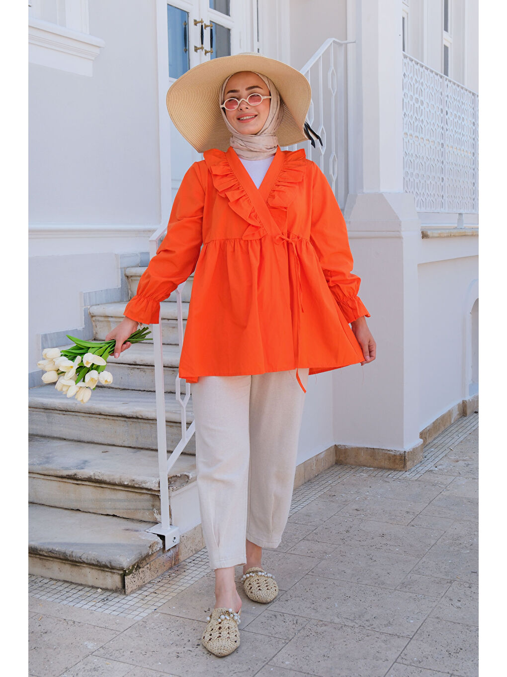 Turuncu Kadın YAN BAGLAMALI FIRFIR DETAY TUNIK TURUNCU-1