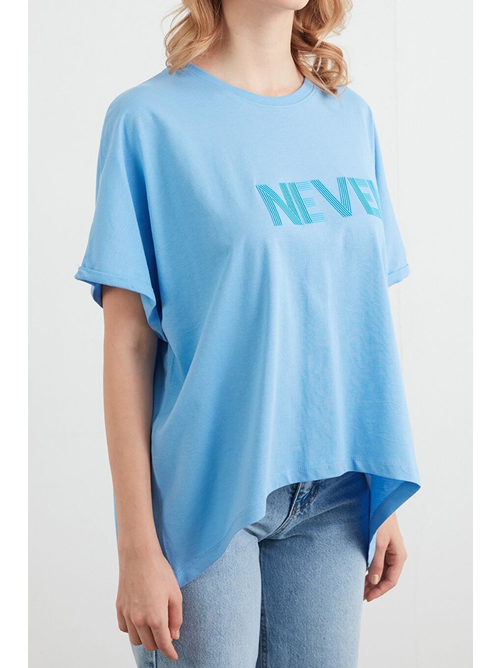 Mavi Never Yazı Kabartmalı Oversize Tişört-4