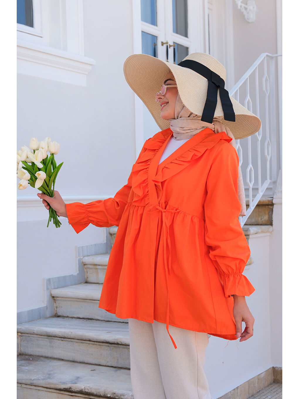 Turuncu Kadın YAN BAGLAMALI FIRFIR DETAY TUNIK TURUNCU-2