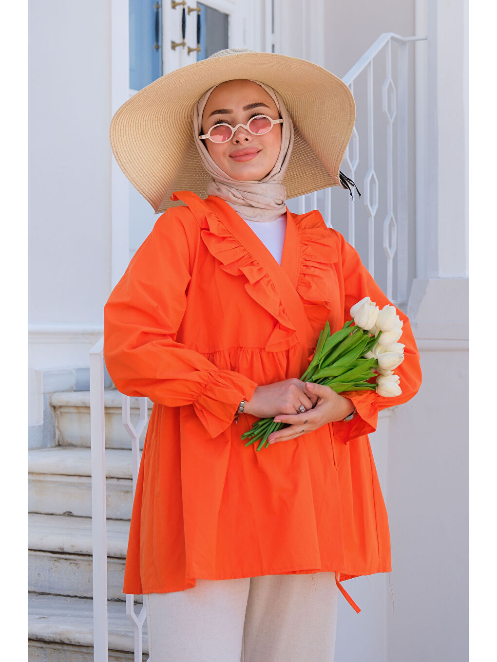 Turuncu Kadın YAN BAGLAMALI FIRFIR DETAY TUNIK TURUNCU-3