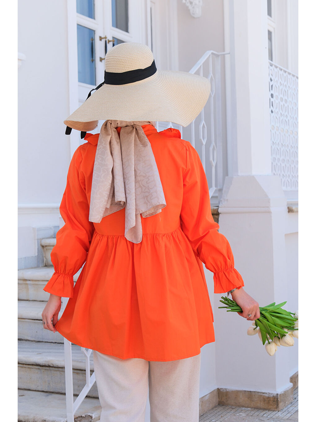 Turuncu Kadın YAN BAGLAMALI FIRFIR DETAY TUNIK TURUNCU-4