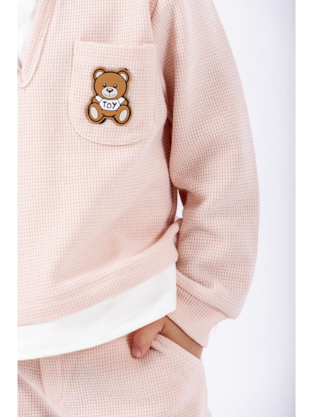 Pembe Bisiklet Yaka Uzun Kol Ayıcık Armalı Garnılı Bel Paca Lastikli Somon Renk Kız Çocuk Esofman Takım-2