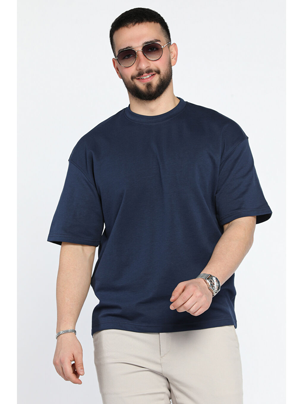 Lacivert Erkek Bisiklet Yaka Basic Oversize Tişört