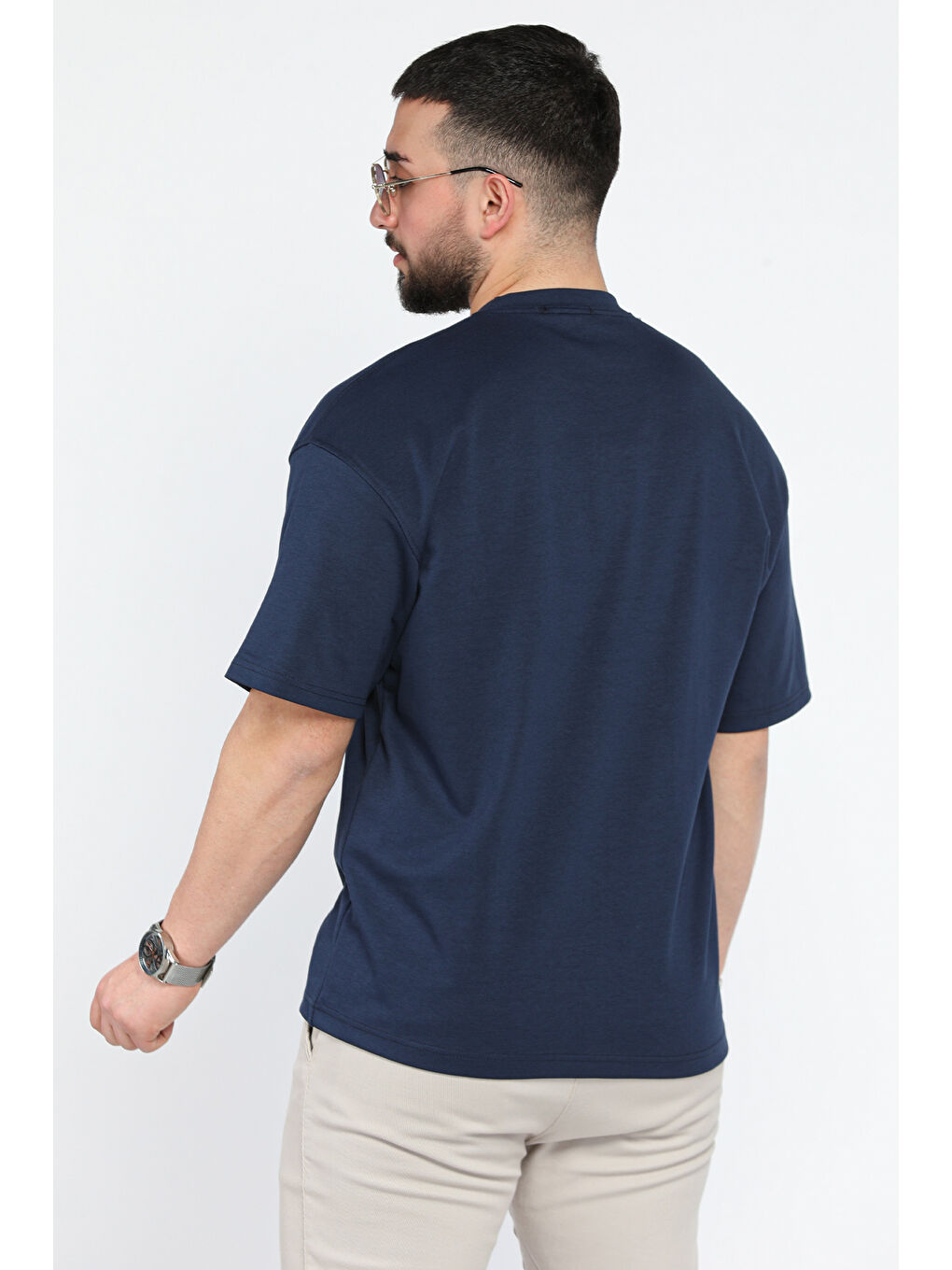 Lacivert Erkek Bisiklet Yaka Basic Oversize Tişört-1