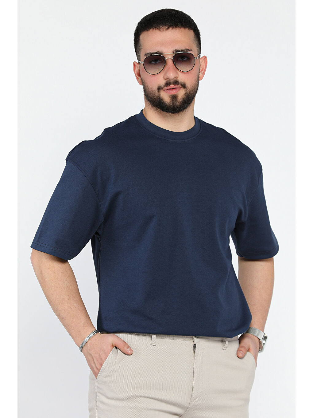 Lacivert Erkek Bisiklet Yaka Basic Oversize Tişört-3