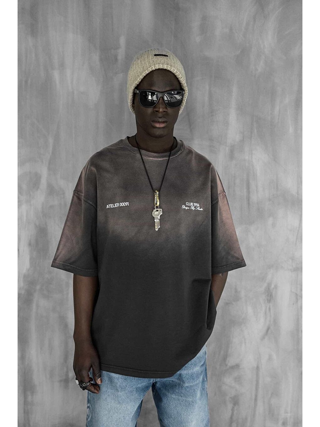 Erkek Renk Geçişli Baskılı Oversize Yıkamalı Tişört Kahverengi