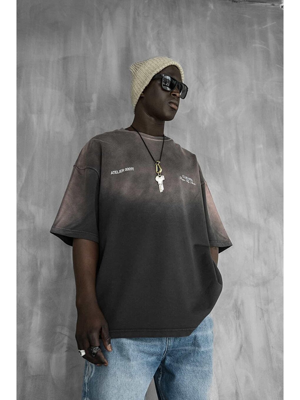 Erkek Renk Geçişli Baskılı Oversize Yıkamalı Tişört Kahverengi-1