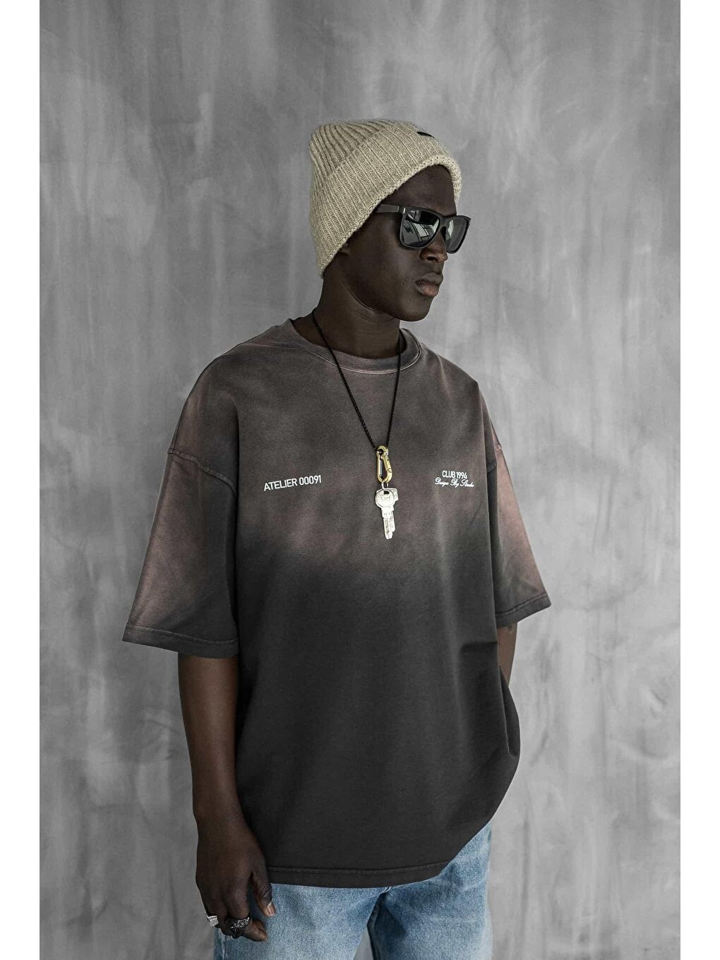 Erkek Renk Geçişli Baskılı Oversize Yıkamalı Tişört Kahverengi-2