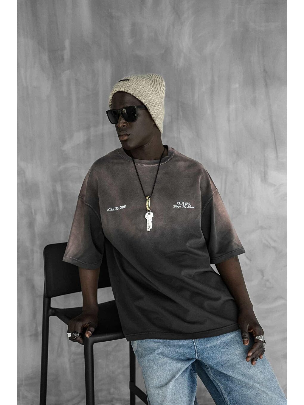 Erkek Renk Geçişli Baskılı Oversize Yıkamalı Tişört Kahverengi-3