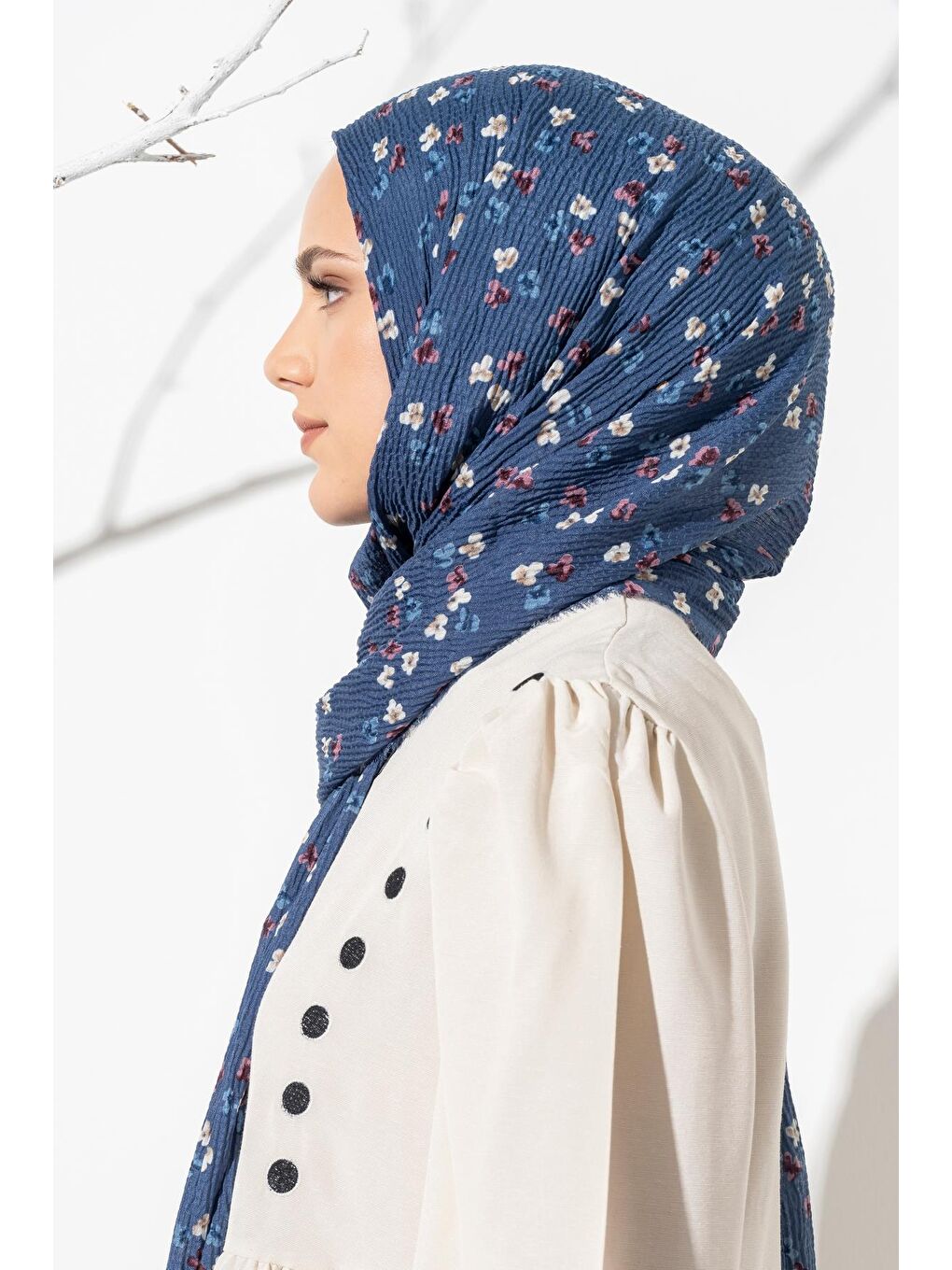 Mavi Kadın Çiçek Desenli Kırışmaz Bürümcük Şal 190*80 Cm-3