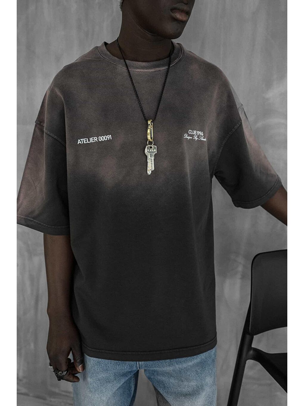 Erkek Renk Geçişli Baskılı Oversize Yıkamalı Tişört Kahverengi-4